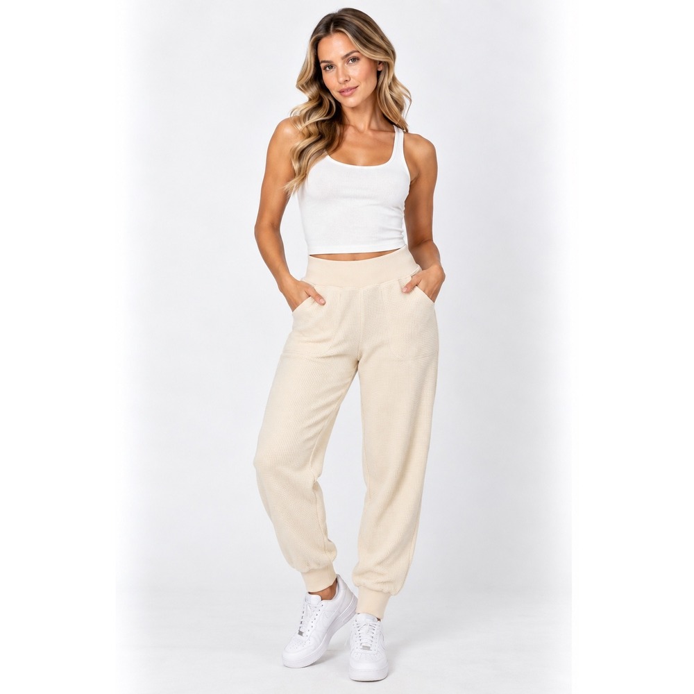 Athleta Waffle Knit Joggers Women Medium Cream Excellent Thermal High Rise Pants